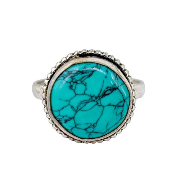 Round Southwestern Turquoise Ring | Vintage Sterling Silver 925 | Size 10 - Picture 3 of 11